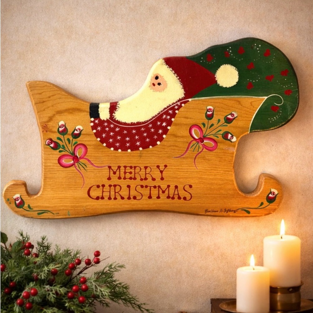 Vintage Hand Painted Santa Sleigh Wall Decor Victoria’s Garden 1990 Signed